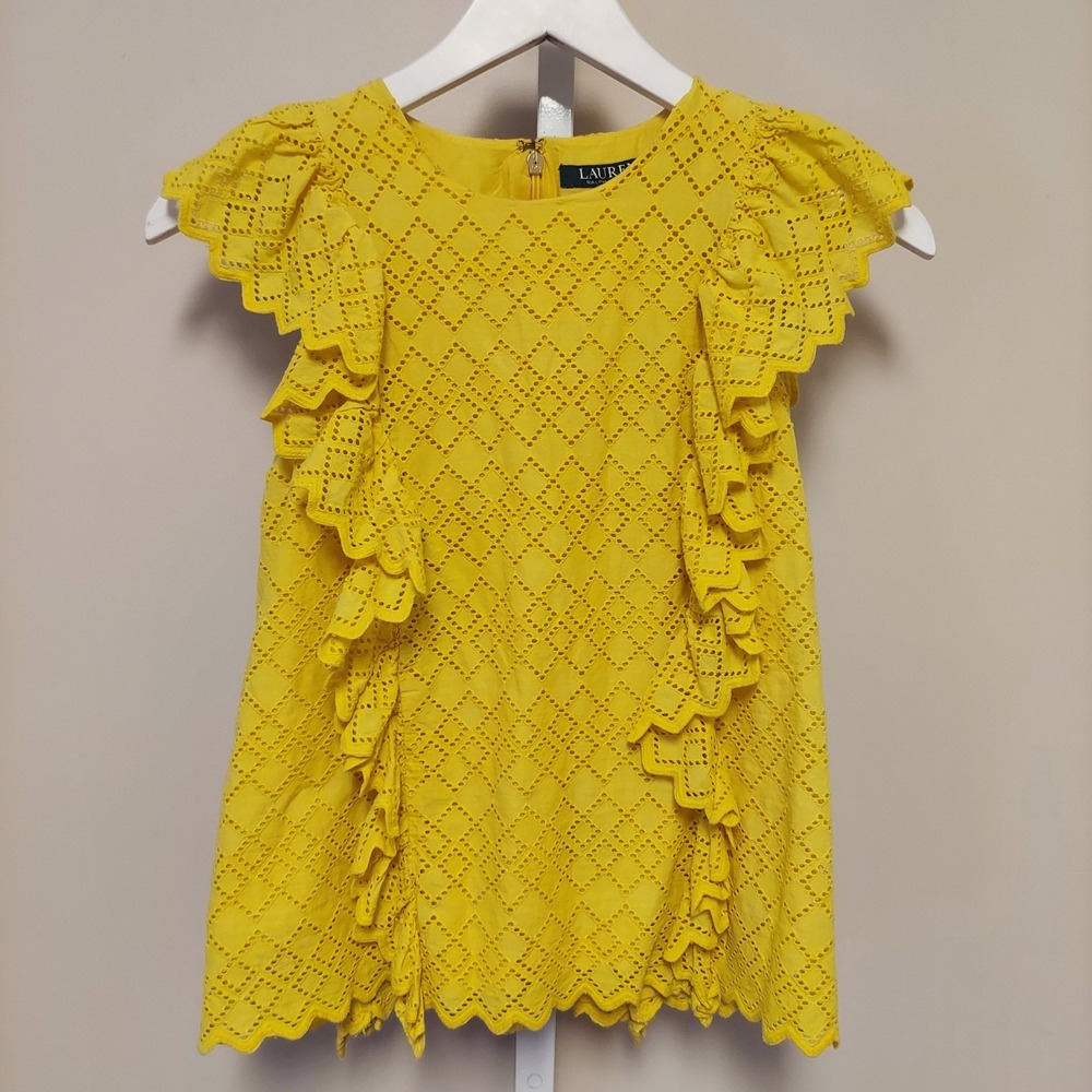 Lauren Ralph Lauren Yellow Eyelet‎ Ruffle Top XS Women Preppy Coquette 2010s